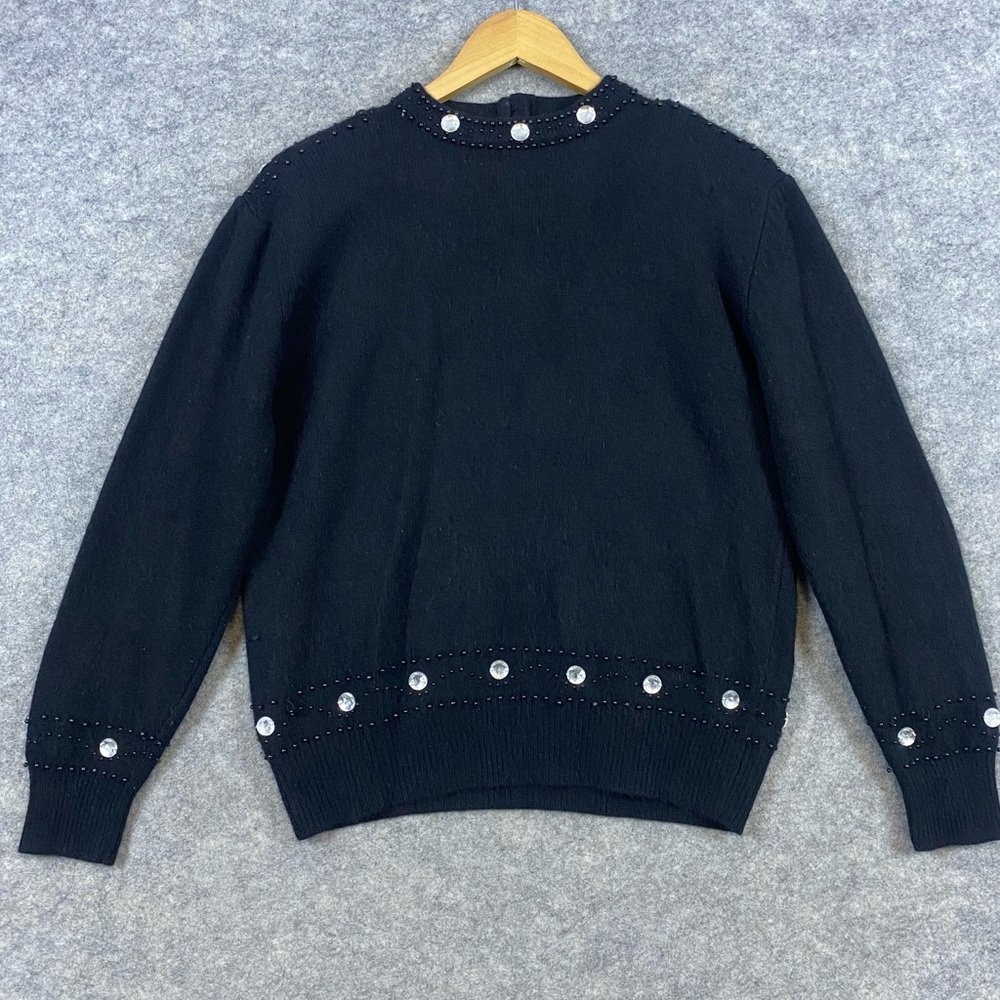 Lindsey Blake Lambswool Angora‎ 80s Vintage Sweater L Black Beaded Rhinestones